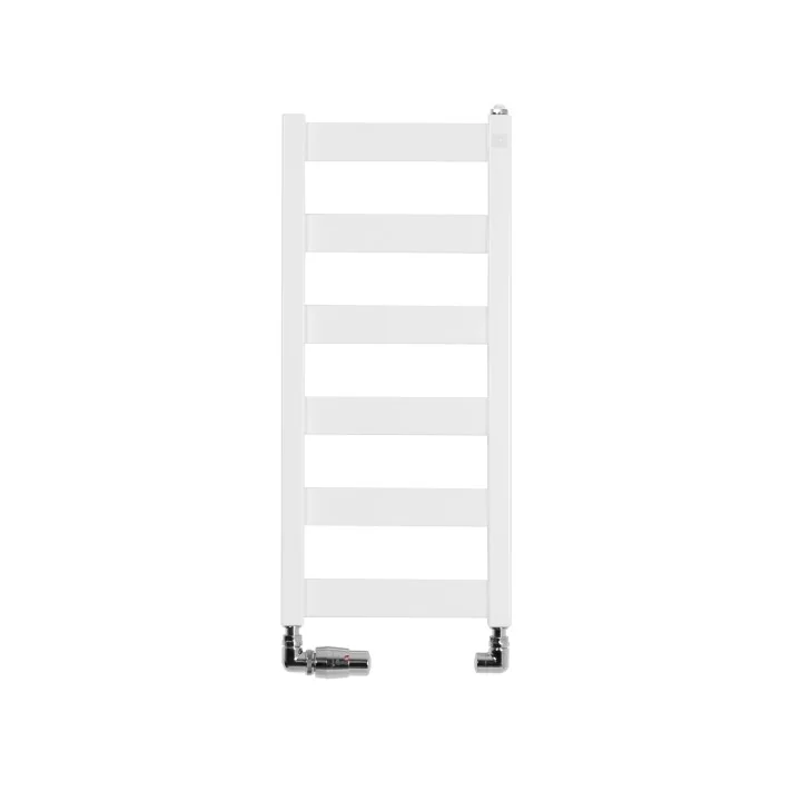 Grzejnik łazienkowy Terma Leda. Grzejnik wąski o szerokości 30cm i wysokości 67cm, kolor biały, z podłączeniem dolnym o rozstawi