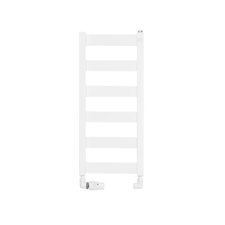 Grzejnik łazienkowy Terma Leda. Grzejnik wąski o szerokości 30cm i wysokości 67cm, kolor biały, z podłączeniem dolnym o rozstawi