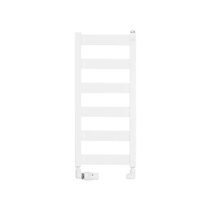  Grzejnik łazienkowy Terma Leda. Grzejnik wąski o szerokości 30cm i wysokości 67cm, kolor biały, z podłączeniem dolnym o rozstaw