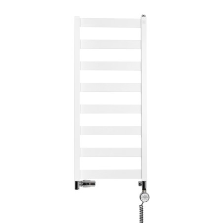 Grzejnik łazienkowy Leda o wymiarach 91x40cm w kolorze białym matowym z podłączeniem dolnym o rozstawie 37cm z chromowanym zestawem termostatycznym Integra firmy Vario term, figura osiowo-lewa, z grzałką elektryczną Terma Moa z prawej strony