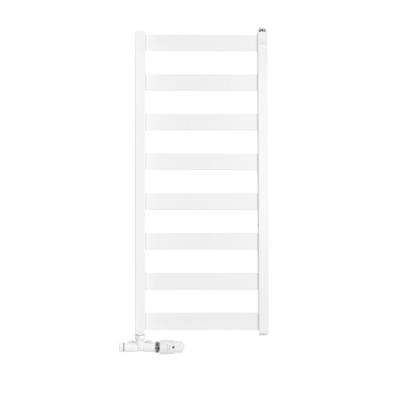 Grzejnik łazienkowy Leda o wymiarach 91x40cm w kolorze białym matowym z podłączeniem dolnym o rozstawie 37cm z białym przyłączem jednootworowym Unico firmy Vario term.