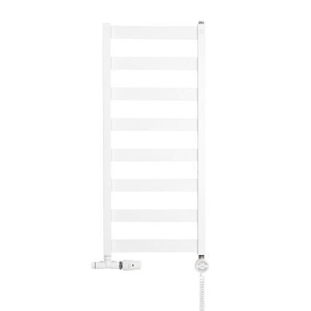 	Grzejnik łazienkowy Leda o wymiarach 91x40cm w kolorze białym matowym z podłączeniem dolnym o rozstawie 37cm z białym przyłączem jednootworowym Unico firmy Vario term oraz z grzałką terma moa