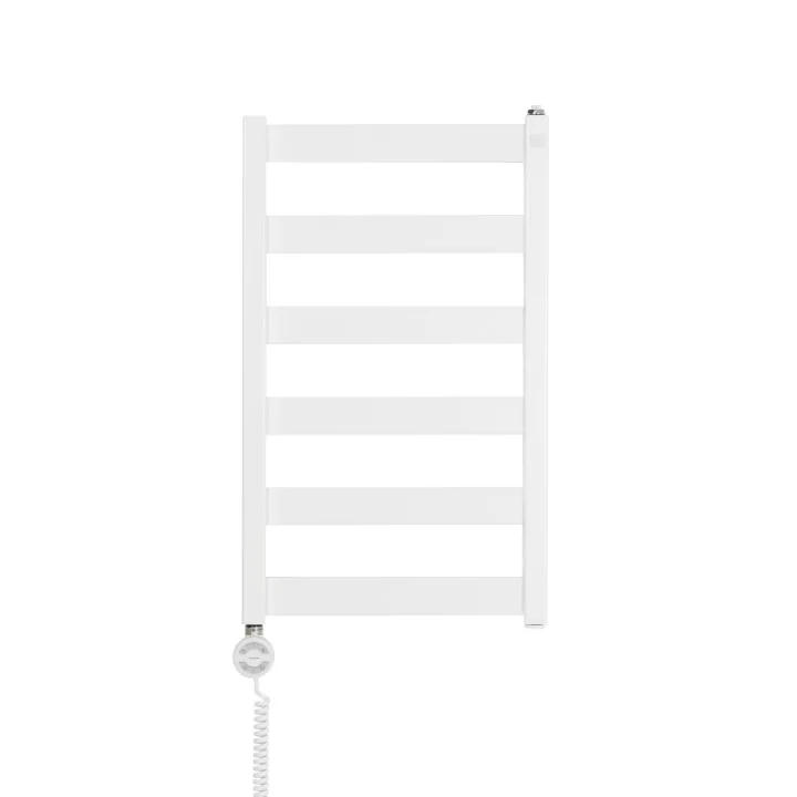 Grzejnik łazienkowy Terma Leda. Grzejnik wąski o szerokości 40cm i wysokości 67cm, kolor biały mat, z podłączeniem dolnym o rozs